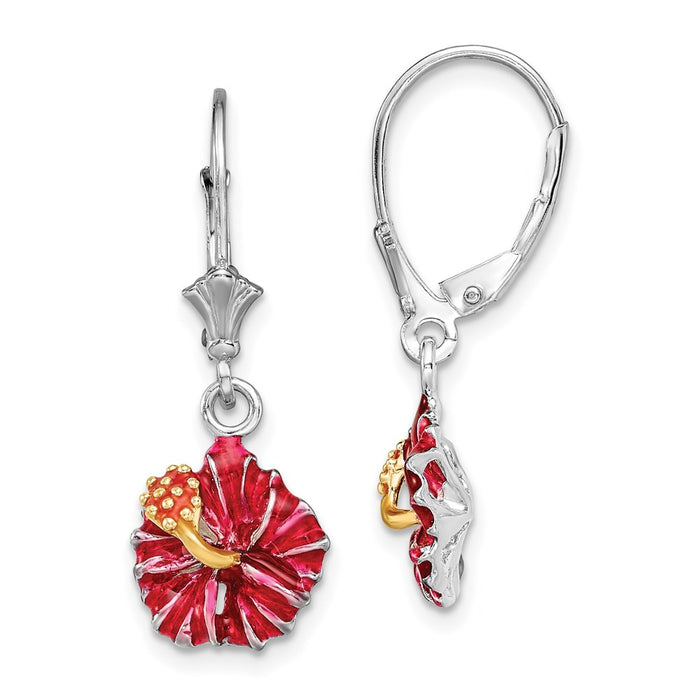 Million Themes 925 Sterling Silver Theme Earrings, Red Hibiscus Flower Lever back Earrings, 2-D & Textured