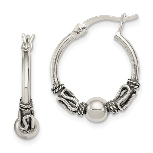 Stella Silver 925 Sterling Silver Antiqued Fancy Beaded Hoop Earrings, 17mm x 4mm