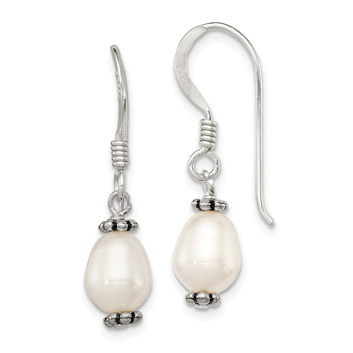 Stella Silver 925 Sterling Silver White Freshwater Cultured Pearl Antiqued Bead Dangle Earrings, 26mm x 6mm