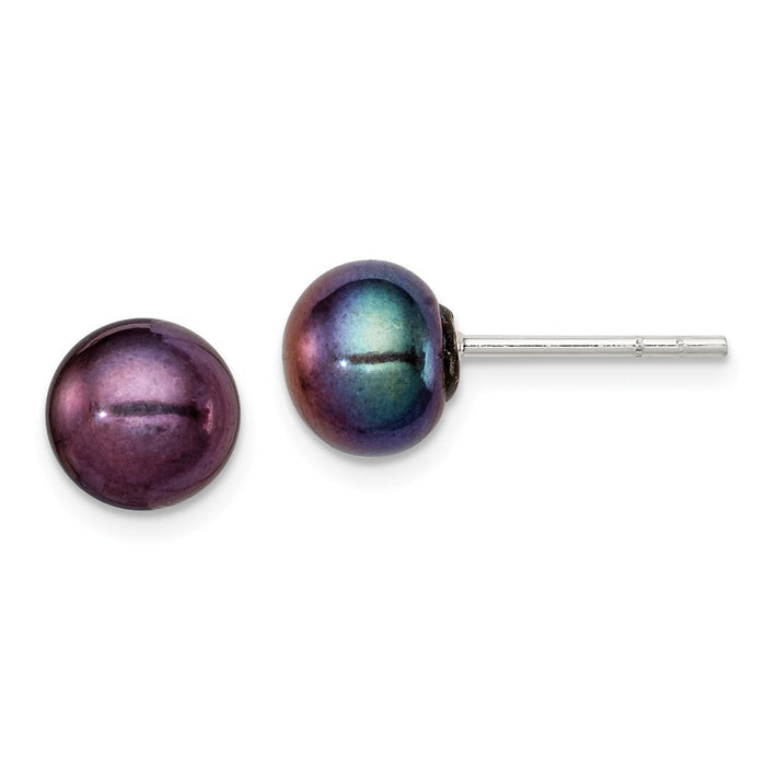 Stella Silver 925 Sterling Silver 7-8mm Black Freshwater Cultured Pearl Button Earrings, 7 to 8mm x 7 to 8mm
