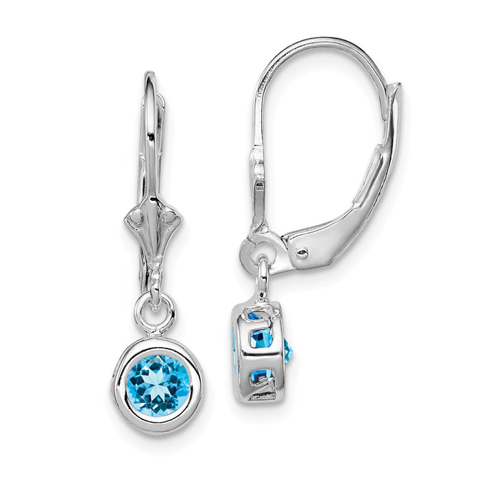 Stella Silver 925 Sterling Silver Rhodium 5mm Round Blue Topaz Leverback Earrings, 26mm x 6mm