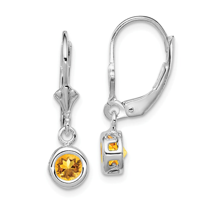 Stella Silver 925 Sterling Silver Rhodium 5mm Round Citrine Leverback Earrings, 26mm x 6mm