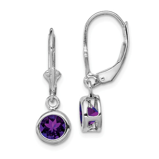 Stella Silver 925 Sterling Silver Rhodium 6mm Round Amethyst Leverback Earrings, 26mm x 7mm