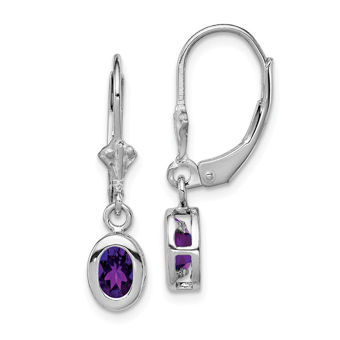 Stella Silver 925 Sterling Silver Rhodium 6x4mm Oval Amethyst Leverback Earrings, 28mm x 7mm