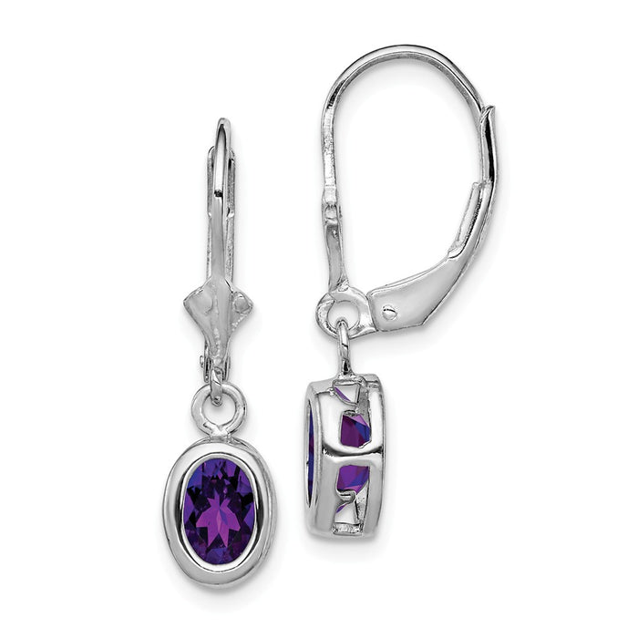 Stella Silver 925 Sterling Silver Rhodium 7x5mm Oval Amethyst Leverback Earrings, 28mm x 8mm