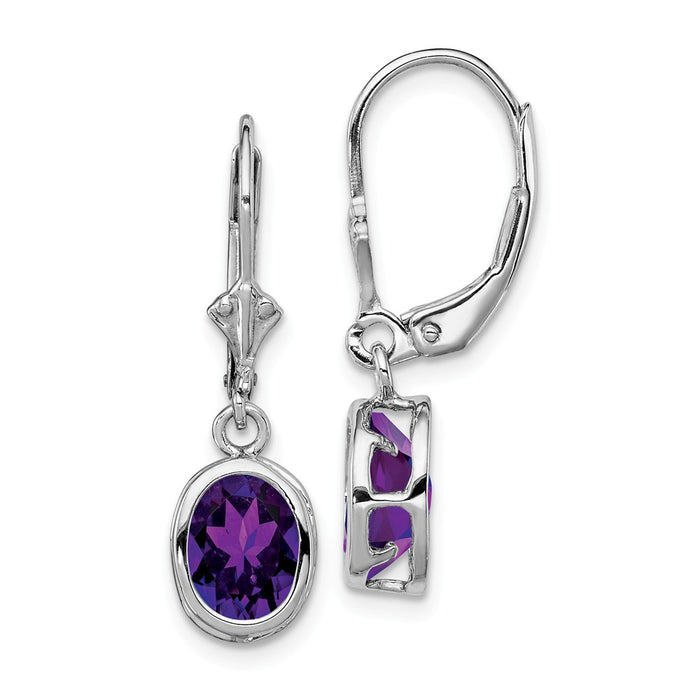 Stella Silver 925 Sterling Silver Rhodium 8x6mm Oval Amethyst Leverback Earrings, 28mm x 9mm