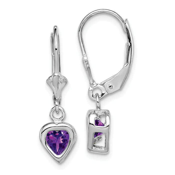 Stella Silver 925 Sterling Silver Rhodium 5mm Heart Amethyst Leverback Earrings, 25mm x 6mm