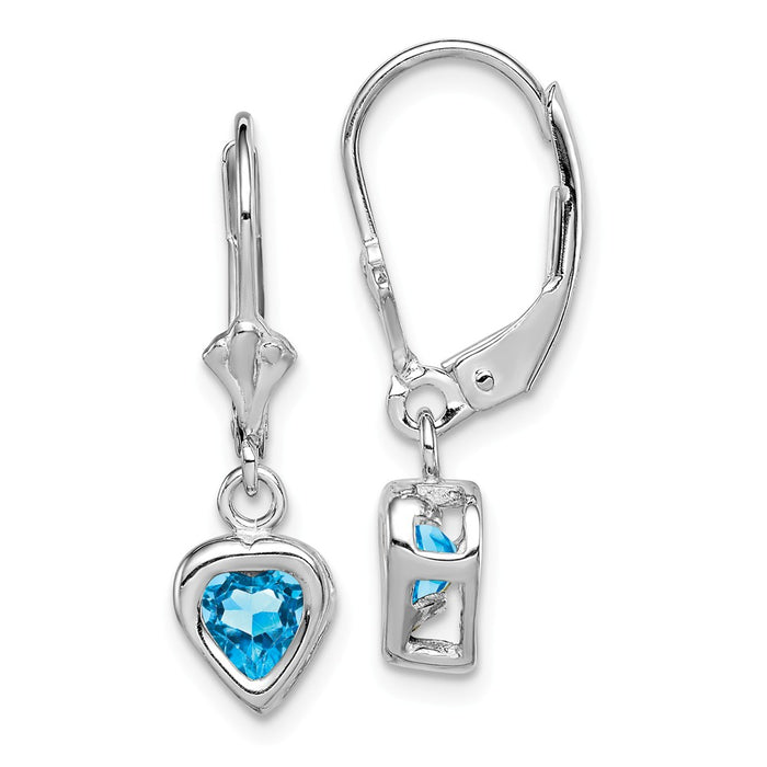 Stella Silver 925 Sterling Silver Rhodium 5mm Heart Blue Topaz Leverback Earrings, 25mm x 6mm