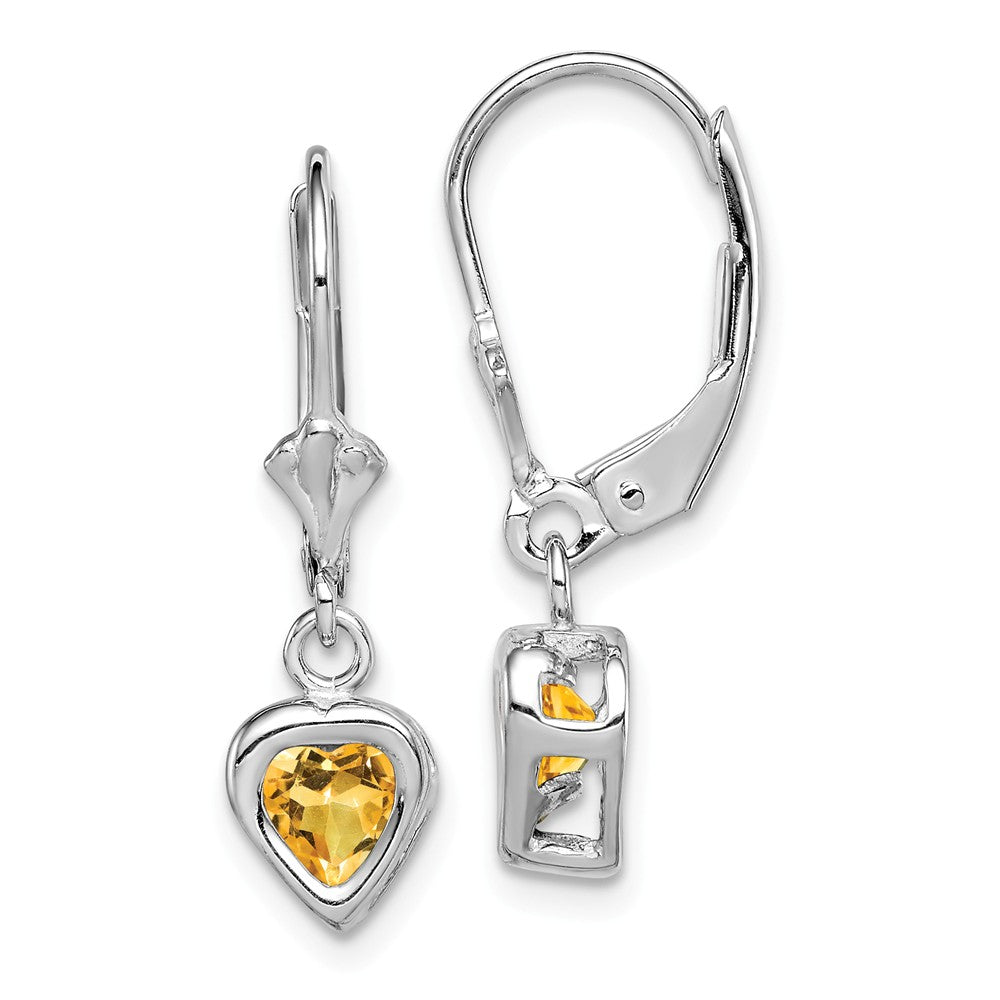 Stella Silver 925 Sterling Silver Rhodium 5mm Heart Citrine Leverback Earrings, 25mm x 6mm