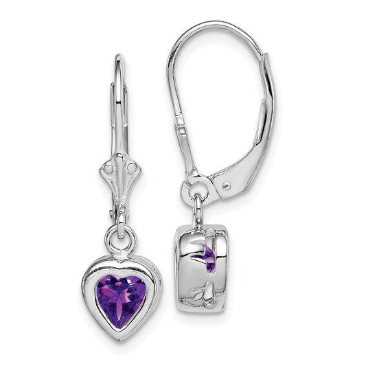 Stella Silver 925 Sterling Silver Rhodium 6mm Heart Amethyst Leverback Earrings, 25mm x 7mm