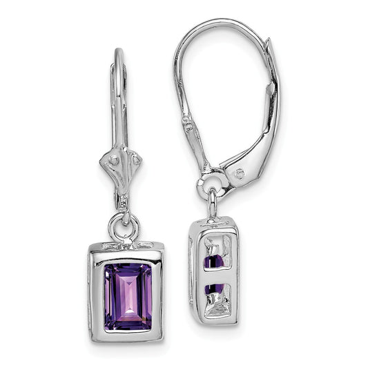 Stella Silver 925 Sterling Silver Rhodium 7x5 Emerald Cut Amethyst Leverback Earrings, 26mm x 7mm