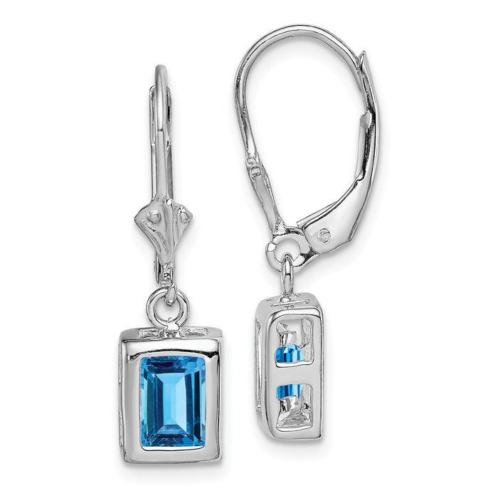 Stella Silver 925 Sterling Silver Rhodium 7x5 Emerald Cut Blue Topaz Leverback Earrings, 26mm x 7mm