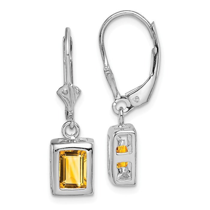 Stella Silver 925 Sterling Silver Rhodium 7x5 Emerald Cut Citrine Leverback Earrings, 26mm x 7mm