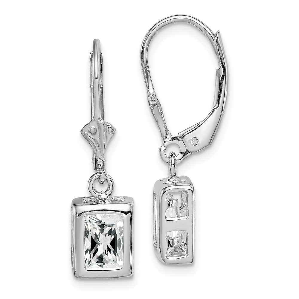 Stella Silver 925 Sterling Silver Rhodium 7x5 Emerald Cut Cubic Zirconia ( CZ ) Leverback Earrings, 26mm x 7mm