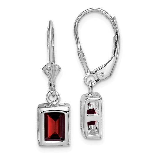 Stella Silver 925 Sterling Silver Rhodium 7x5 Emerald Cut Garnet Leverback Earrings, 26mm x 7mm