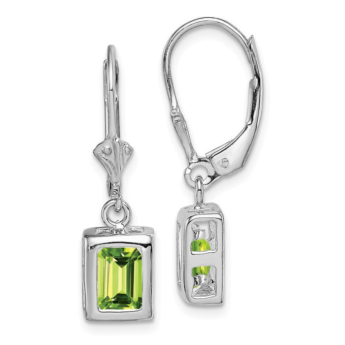 925 Sterling Silver Rhodium 7x5 Emerald Cut Peridot Leverback Earrings, 26mm x 7mm