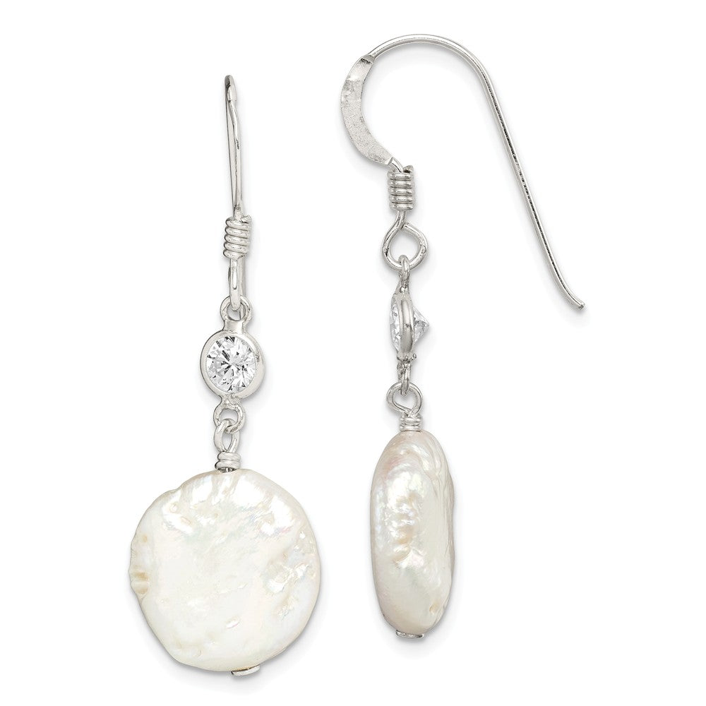 Stella Silver 925 Sterling Silver Freshwater Cultured Coin Pearl and Cubic Zirconia ( CZ ) Earrings, 30mm x 11mm