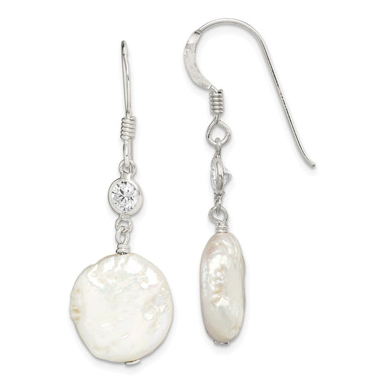 Stella Silver 925 Sterling Silver Freshwater Cultured Coin Pearl and Cubic Zirconia ( CZ ) Earrings, 30mm x 11mm