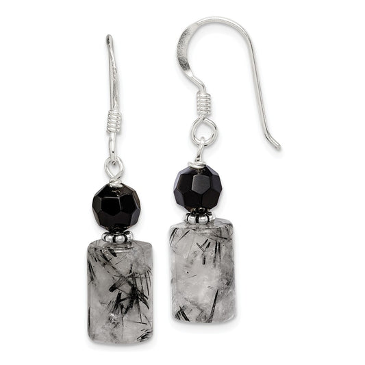Stella Silver 925 Sterling Silver Black Crystal & Tourmalinated Quartz Earrings, 30mm x 8mm
