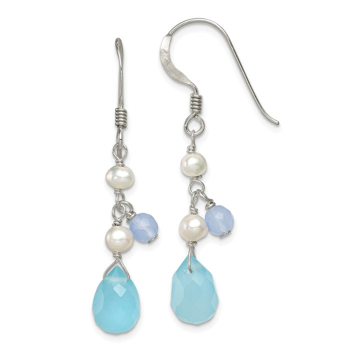 Stella Silver 925 Sterling Silver Blue Topaz/Blue Agate/Freshwater Cultured Pearl Earrings, 39mm x 7mm