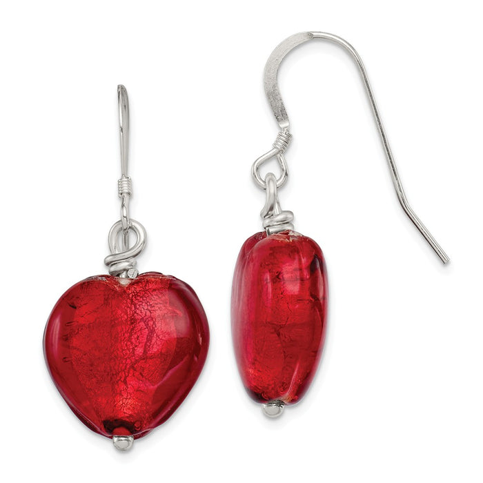 Stella Silver 925 Sterling Silver Red Murano Glass Heart Earrings, 38mm x 17mm