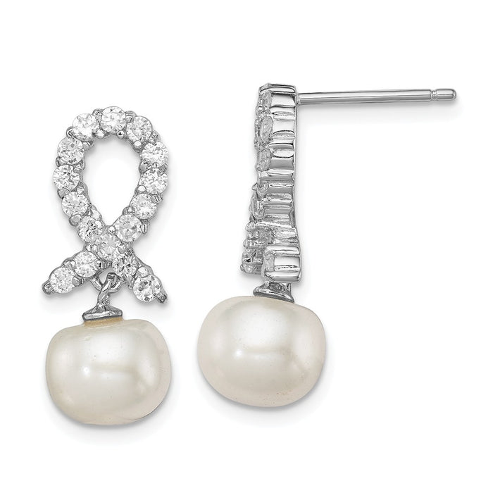 Stella Silver 925 Sterling Silver Rhodium-plated Cubic Zirconia ( CZ ) & White Freshwater Cultured Pearl Earrings, 14mm x 9mm