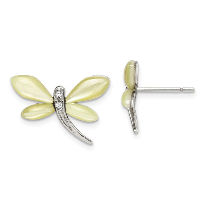 Stella Silver 925 Sterling Silver Cubic Zirconia ( CZ ) & Yellow Mother of Pearl Dragonfly Earrings, 14mm x 22mm