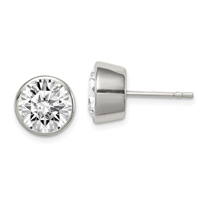 Stella Silver 925 Sterling Silver 9mm Cubic Zirconia ( CZ ) Round Bezel Stud Earrings, 9mm x 9mm