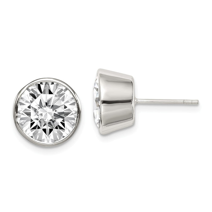 Stella Silver 925 Sterling Silver 10mm Cubic Zirconia ( CZ ) Round Bezel Stud Earrings, 11mm x 11mm