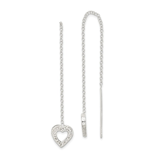 Stella Silver 925 Sterling Silver Hammered Heart Threader Earrings, 52mm x 10mm