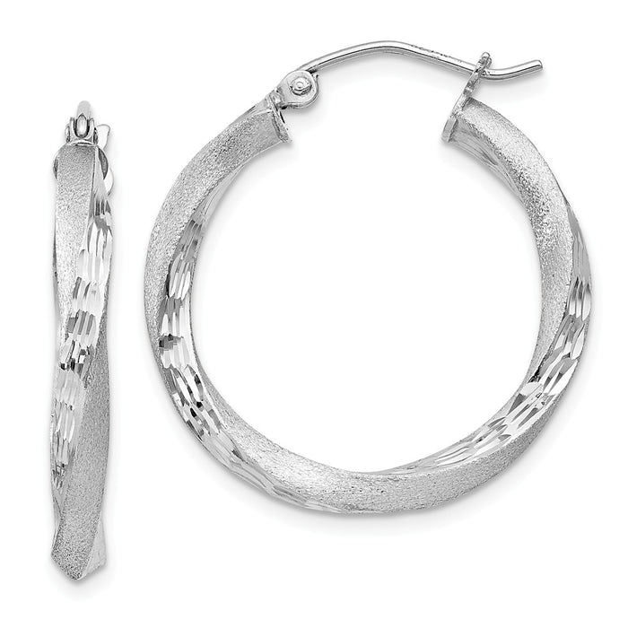 Stella Silver 925 Sterling Silver Rhodium-plated 3.00mm Polished & Satin Diamond-Cut Twisted Hoop Earrings, 27mm x 25mm