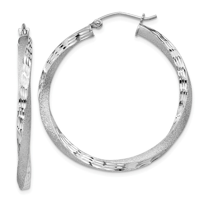 Stella Silver 925 Sterling Silver Rhodium-plated 3.00mm Polished & Satin Diamond-Cut Twisted Hoop Earrings, 37mm x 35mm
