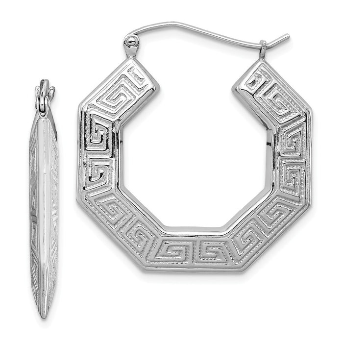 Stella Silver 925 Sterling Silver Rhodium-plated Greek Key Hoop Earrings, 30mm x 27mm