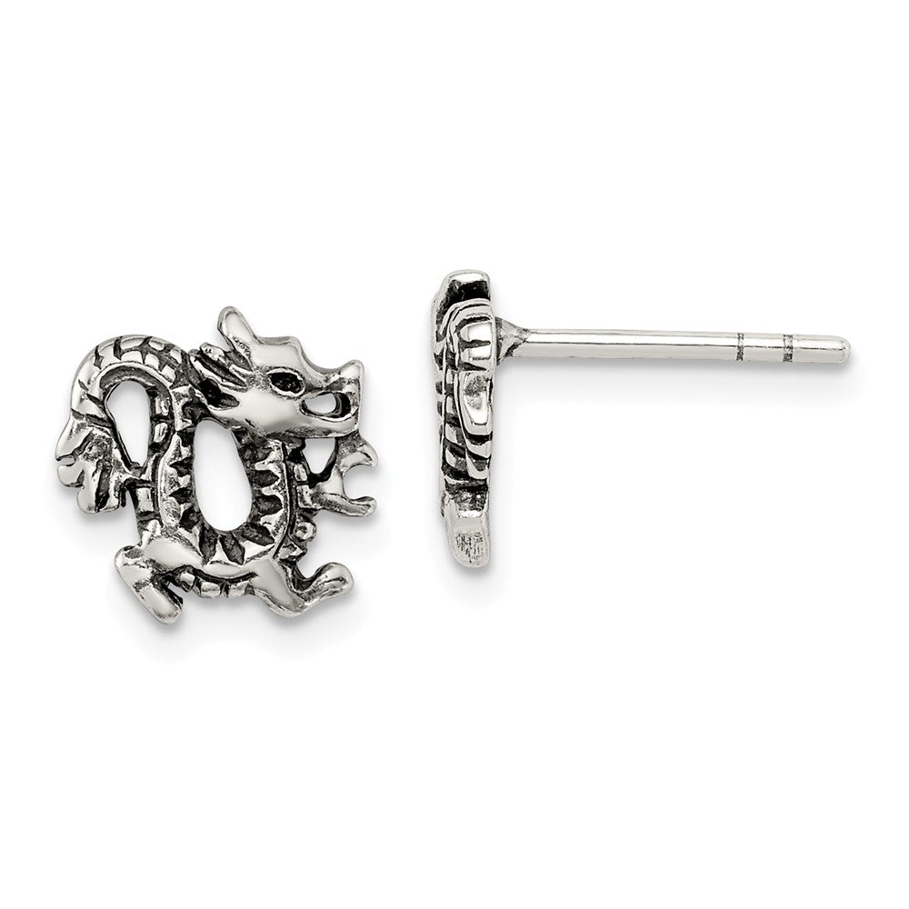 Stella Silver 925 Sterling Silver Antiqued Dragon Post Earrings, 9mm x 10mm