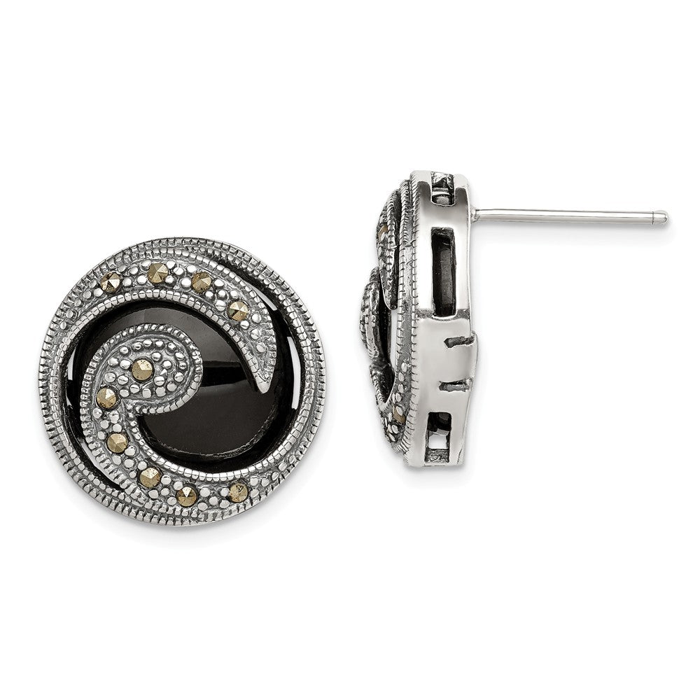 Stella Silver 925 Sterling Silver Onyx & Marcasite Post Earrings, 18mm x 17mm