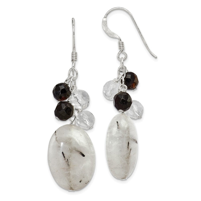 Stella Silver 925 Sterling Silver Black Agate/Crystal/Tourmalinated Quartz Earrings, 48mm x 21mm