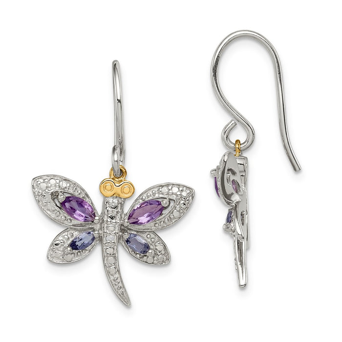 Stella Silver 925 Sterling Silver & 14K Amethyst and Iolite and Diamond Dragonfly Earrings, 27mm x 21mm