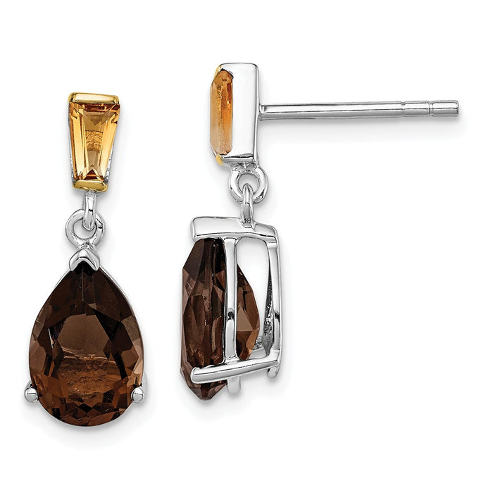 Million Charms 925 Sterling Silver & 14K Accent Rhodium-Plated Smoky Quartz and Citrine Earrings, 18mm x 7mm