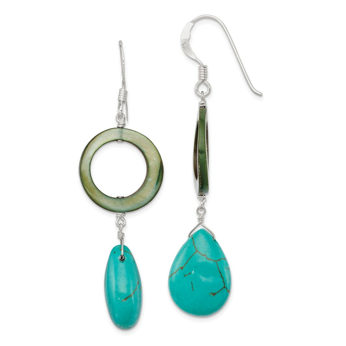 Stella Silver 925 Sterling Silver Dyed Blue Howlite & Green Mother of Pearl Earrings, 56mm x 18mm