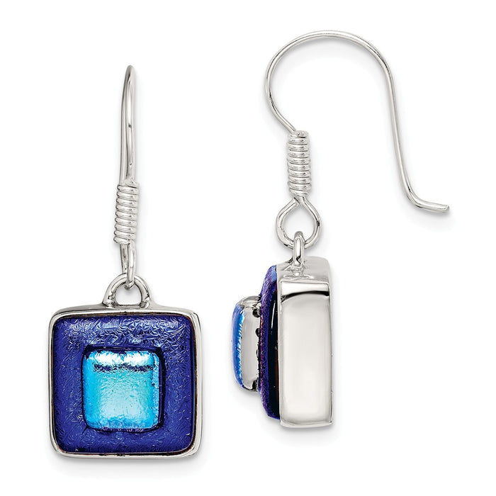 Stella Silver 925 Sterling Silver Blue Dichroic Glass Square Shaped Dangle Earrings, 28mm x 12mm