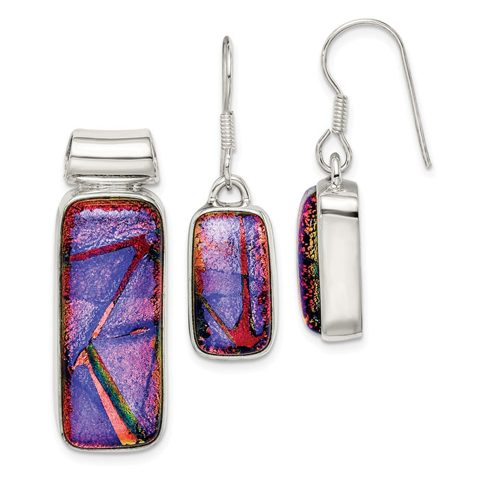 Stella Silver Jewelry Set - 925 Sterling Silver Muliticolor Dichroic Glass Earrings & Pendant Set