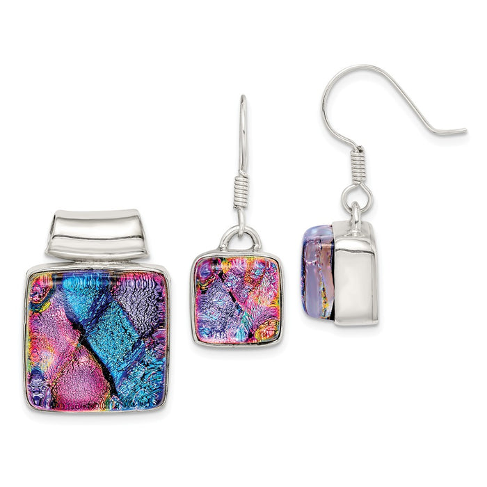 Stella Silver Jewelry Set - 925 Sterling Silver Pink & Blue Dichroic Glass Square Earrings & Pendant Set