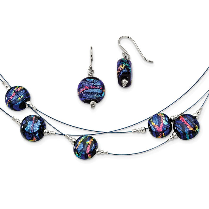 Stella Silver Jewelry Set - 925 Sterling Silver Blue Dichroic Glass Earrings & 18in Necklace Set