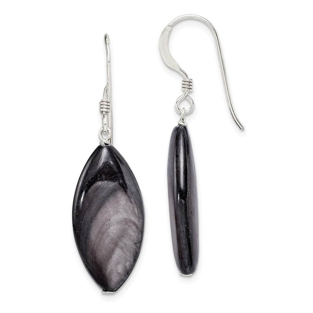 Stella Silver 925 Sterling Silver Dark Grey Mother of Pearl Dangle Earrings, 37mm x 12mm