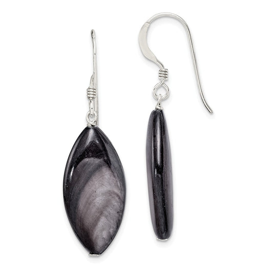 Stella Silver 925 Sterling Silver Dark Grey Mother of Pearl Dangle Earrings, 37mm x 12mm