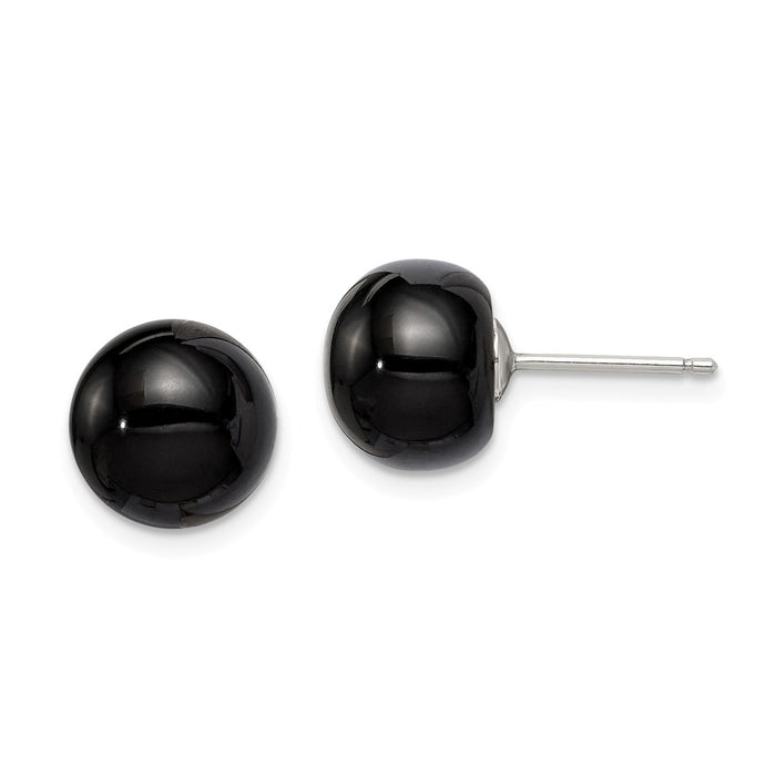 Stella Silver 925 Sterling Silver 10-10.5mm Button Black Agate Post Earrings, 10 to 10.5mm x 10 to 10.5mm