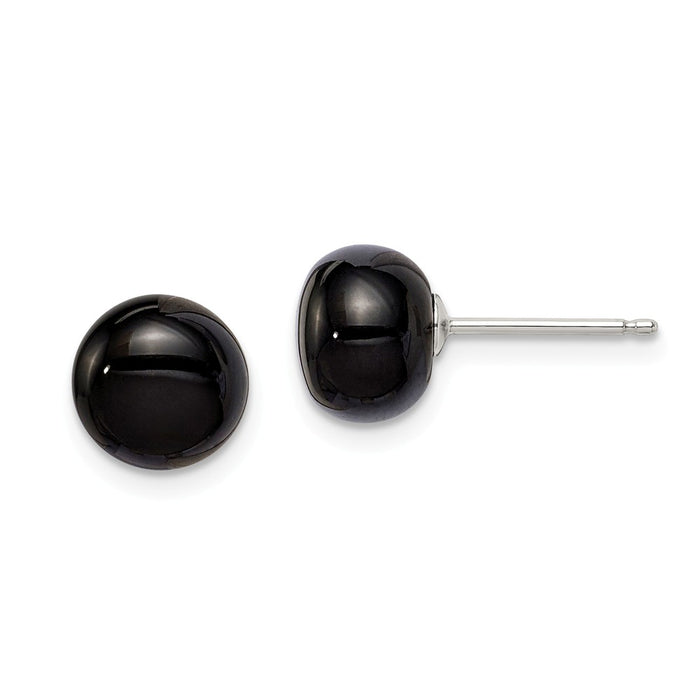 Stella Silver 925 Sterling Silver 8-8.5mm Button Black Agate Post Earrings, 8 to 8.5mm x 8 to 8.5mm