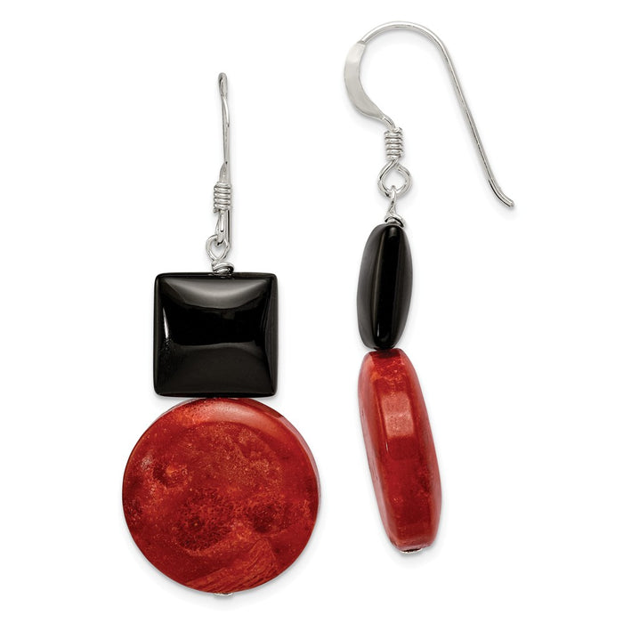 Stella Silver 925 Sterling Silver Black Agate & Reconstituted Red Coral Earrings, 38mm x 18mm