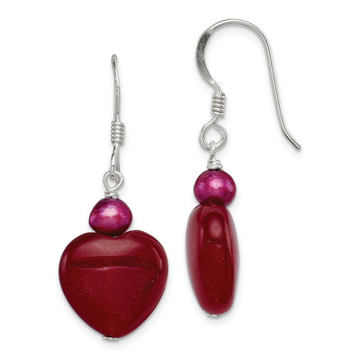 Stella Silver 925 Sterling Silver Red Jade Hearts/Freshwater Cultured Pearl Earrings, 33mm x 14mm