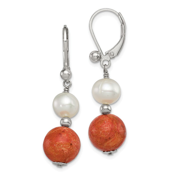 Stella Silver 925 Sterling Silver Freshwater Cultured Pearl & Stabilized Red Coral Earrings, 33mm x 10mm